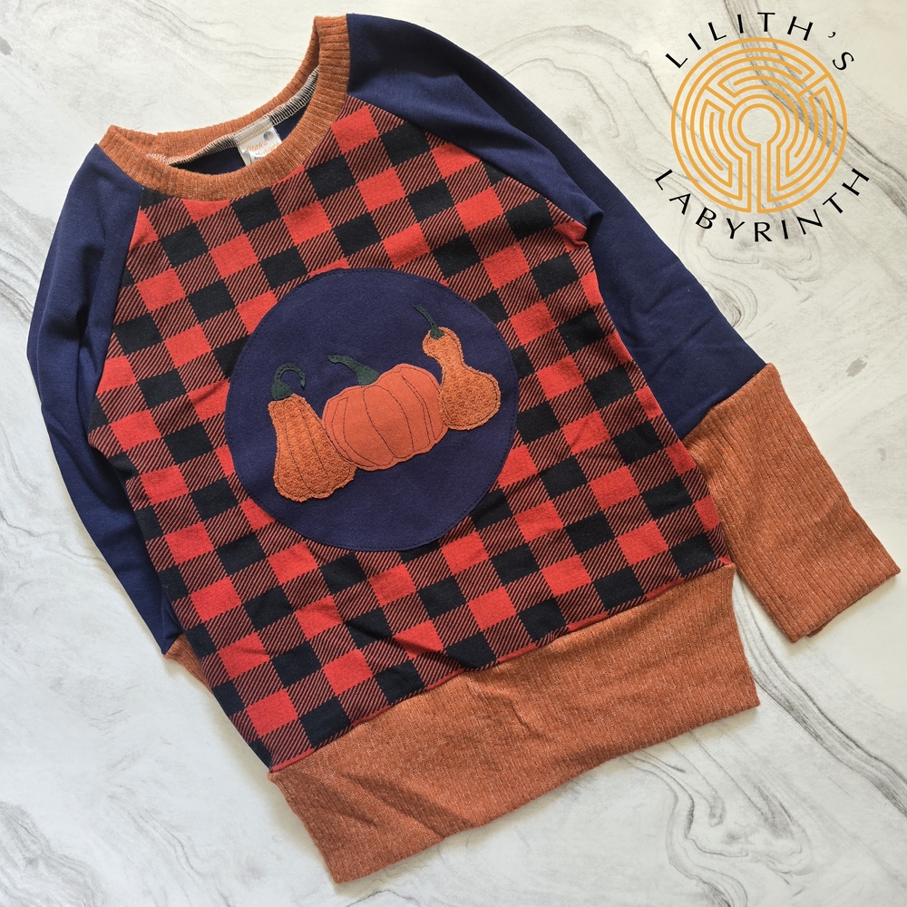 Kids Pumpkin Plaid Sweatshirt - Orange and Navy
